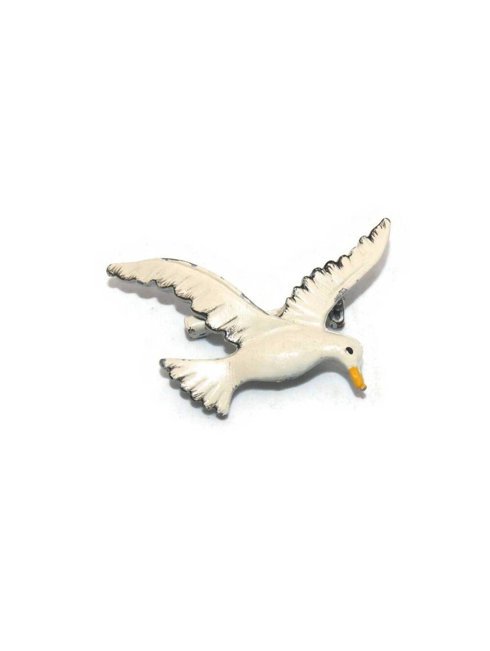 Vintage White, Yellow and Black Enameled Metal Bird Brooch.
